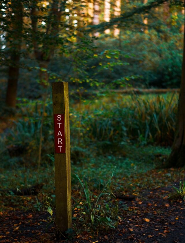 Foto Eilis Garvey - een paaltje waar start op staat op een bospad van een dichtbegroeid bos